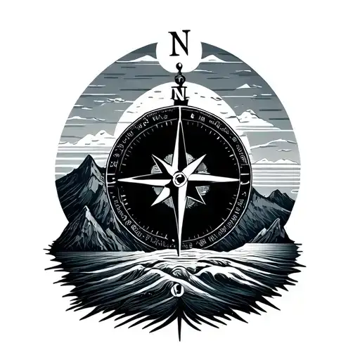 fine line style incorporating a compass, a sunset, mountains and other travel motifs  tattoo design idea