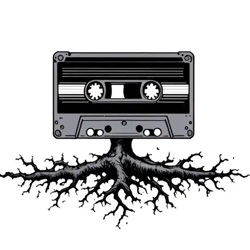 the tape comes out below of a cassette, the tape turns into two root strands   tattoo design idea