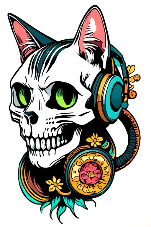 cat skull wearing headphones tattoo design idea