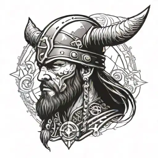 A detailed portrait of a Viking warrior wearing a skull necklace, surrounded by mechanical elements symbolizing the passage of time tattoo design idea