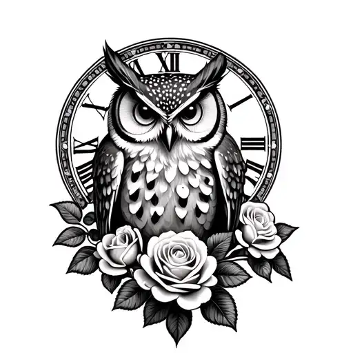 An owl perched on a rose bush with a clock in the background tattoo design idea