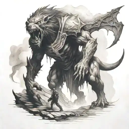 lone warrior approaches a shrouded beast in a cave tattoo design idea