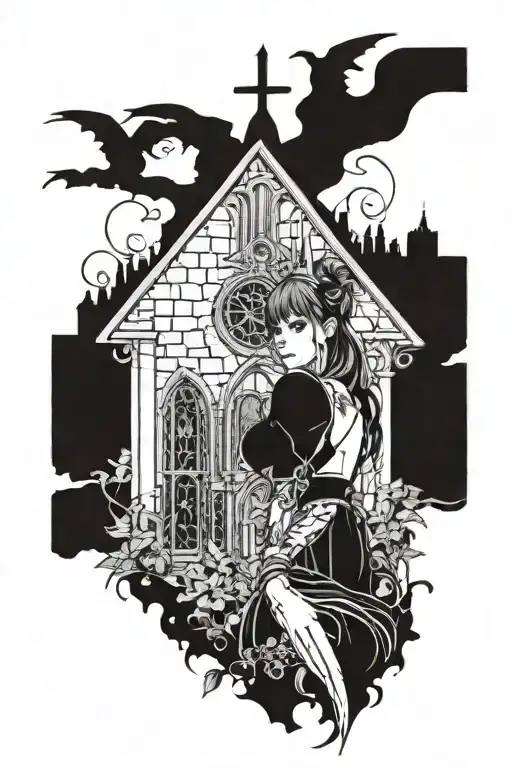 gothic anime girl with a gothic church towers filler tattoo design idea