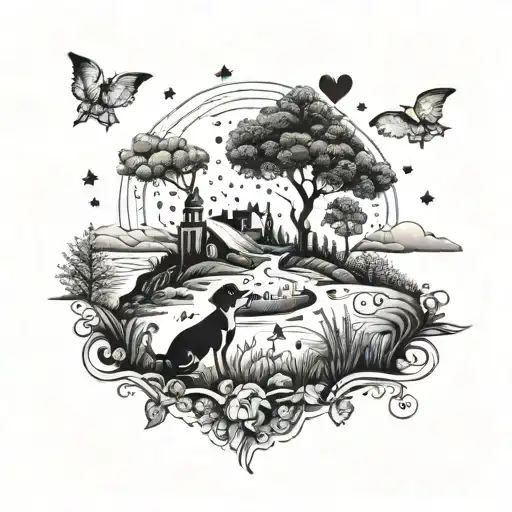 A surreal tattoo design of a dreamlike landscape with floating music notes, Tessa and Molly playing with your dogs Waffles and Vito, and a mysterious figure representing your late dog Vick with the number 7, creating a whimsical and meaningful composition tattoo design idea