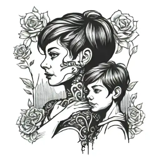 mother and daughter with short haircut tattoo design idea