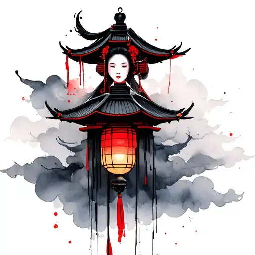 geisha temple lantern cloudy background black ninjas red outine over geisha tattoo design idea