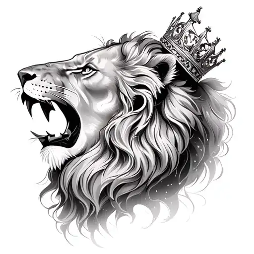 lion roaring , king crown , women face profile holding tattoo design idea