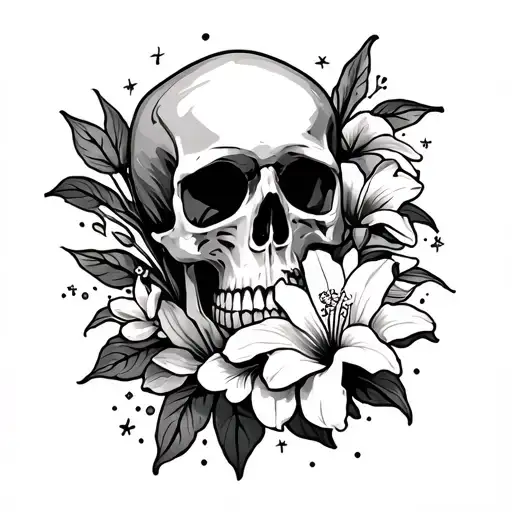 a half sleeve tattoo with a side view of a skull above the wrist with lillies hibiscus lotus small lines with stars  tattoo design idea