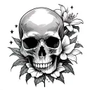 a half sleeve tattoo with a side view of a skull above the wrist with lillies hibiscus lotus small lines with stars  tattoo design idea
