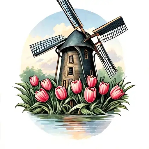 dutch windmill with tulips    tattoo design idea