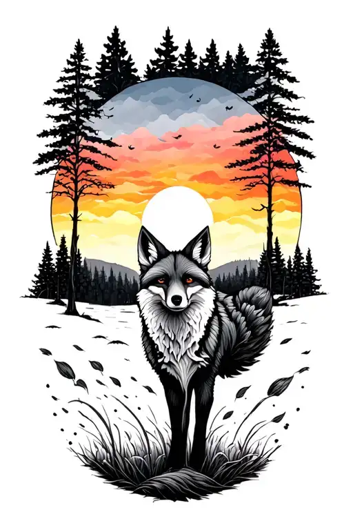 fox trees colors sunset tattoo design idea