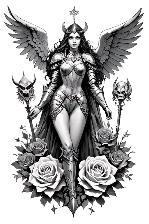 Midevial female knight in middle surrounded by rosettes with an angel and a demon en each upper corner  tattoo design idea