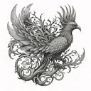 Drawing of a phoenix bird inside a tree of life in black and white tattoo design idea