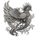 Drawing of a phoenix bird inside a tree of life in black and white tattoo design idea