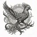 Drawing of a phoenix bird inside a tree of life in black and white tattoo design idea