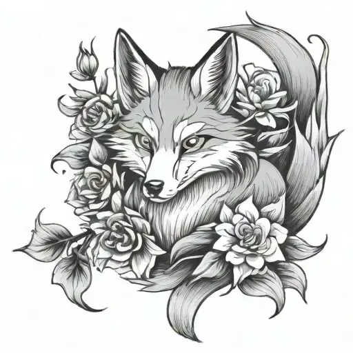 kitsune with flowers  tattoo design idea