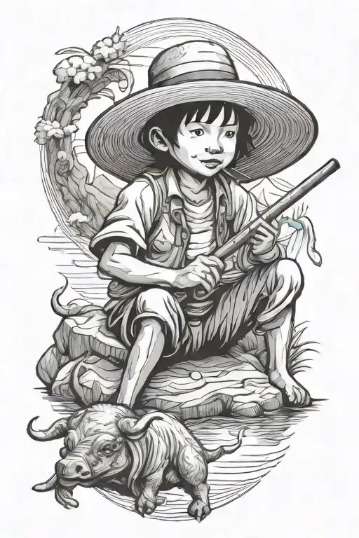 Straw hat kid farmer sitting on water buffalo playing the flute tattoo design idea