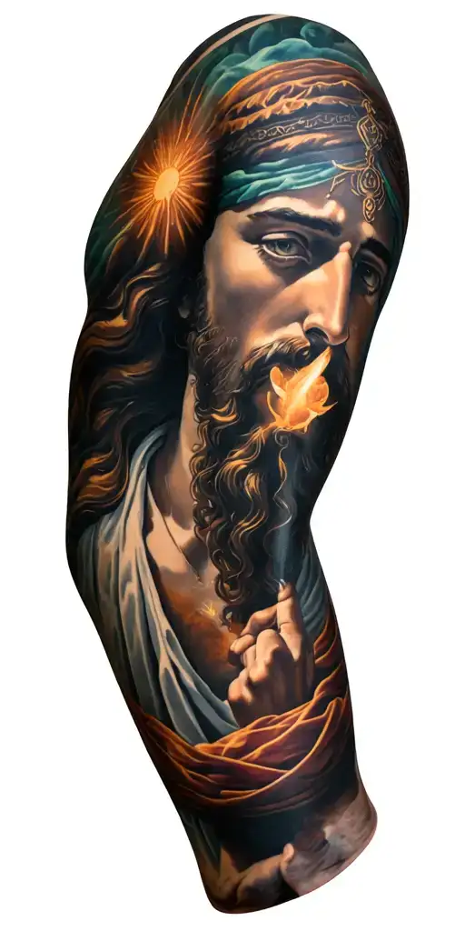 religious Cristian arm sleeve tattoo design idea