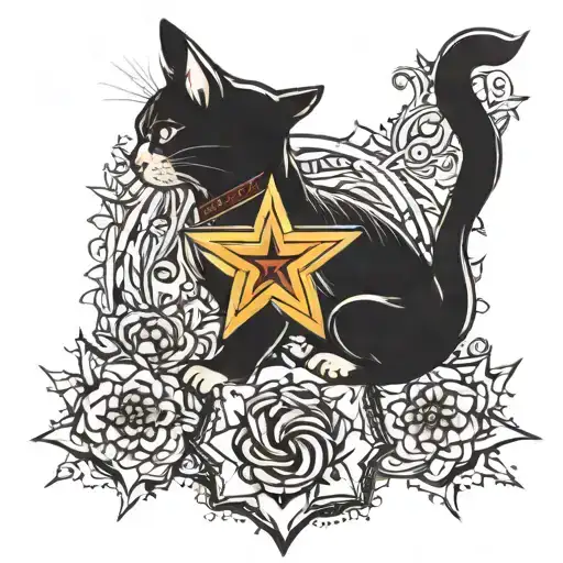 A tattoo that is located between a girl's breasts. The cat climbs up and reaches with one paw towards the star. She has  tattoo design idea