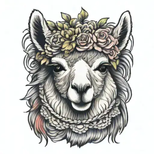 colorful llama with flower crown knitting a blanket tattoo design idea
