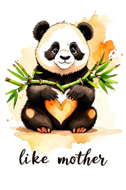 panda sitting with watercolor under it holding bamboo that says "like mother" that forms a half heart with the bamboo go tattoo design idea
