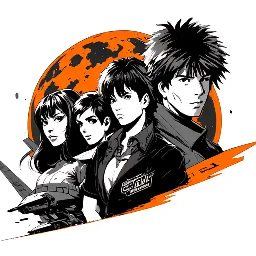cowboy bebop tattoo with Faye valentine, spike spiegel, and Edward in front of the spaceship, in orange and black tattoo design idea