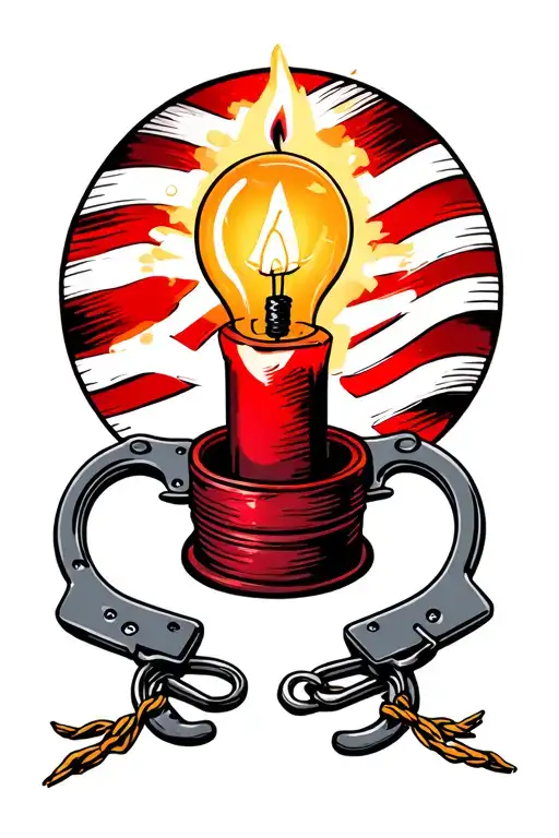 a red candle that has a light bulb on it instead of a flame. and a pair of handcuffs that is brocken tattoo design idea