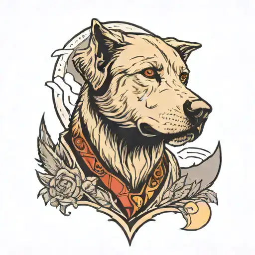 Labrador's head looking forward with hill above him and a wolf about that hill howling at the moon tattoo design idea