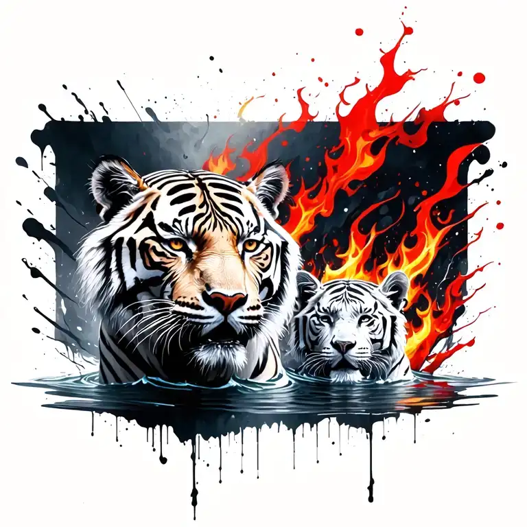 bengal tiger in flames and white tiger in water tattoo design idea