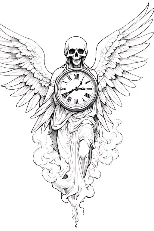 angel of death with clock and smoke tattoo design idea