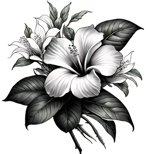 male arm, Hibiscus, frangipani, gardenia, stephenotis tattoo design idea
