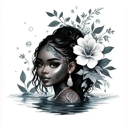 Half-sleeve of a semi-realistic Black woman with Bratz-style features, in water with flowers and subtle ancestral symbol tattoo design idea