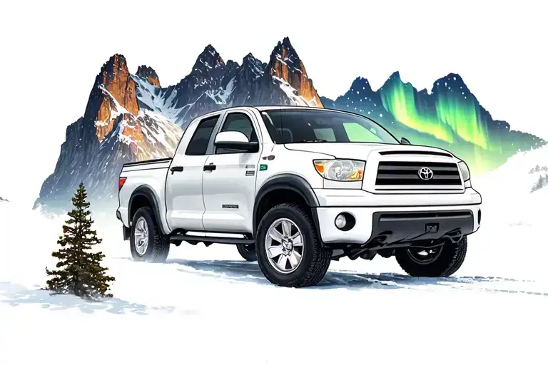 Northern lights shining behind a white 2002 Toyota tundra parked in front of a mountain  tattoo design idea
