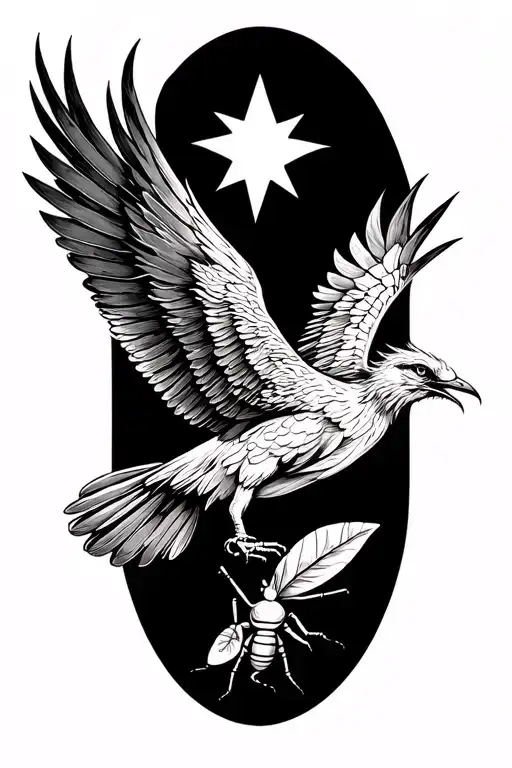 a phoenix flying under a philant star brings a leaf of lorium in its beak to a single ant tattoo design idea