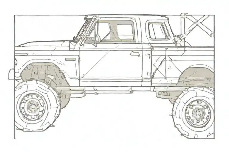 A sketch of a rugged truck with a subtle cross pattern on the body, reflecting your rowdy yet god fearing nature tattoo design idea