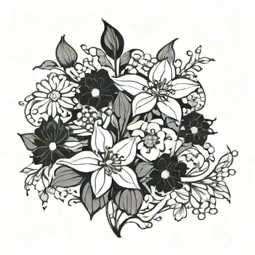 snowdrop, rose, daisy, violet, larkspur, cosmos, honeysuckle, carnation, chrysanthemum tattoo design idea
