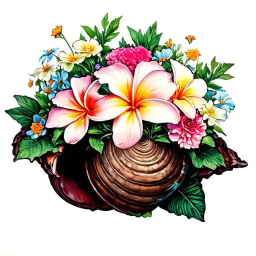 large  twisted conch shell with plumeria and carnations and cosmos growing inside tattoo design idea