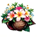 large  twisted conch shell with plumeria and carnations and cosmos growing inside tattoo design idea