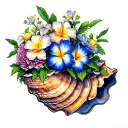 large  twisted conch shell with plumeria and carnations and cosmos growing inside tattoo design idea