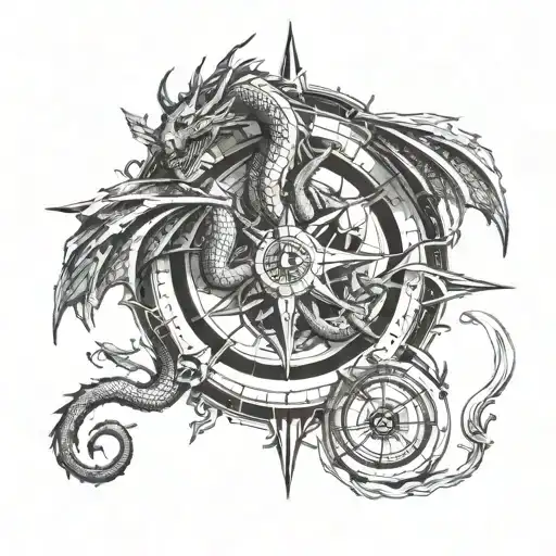 dragon curled around a compass rose intertwined tattoo design idea