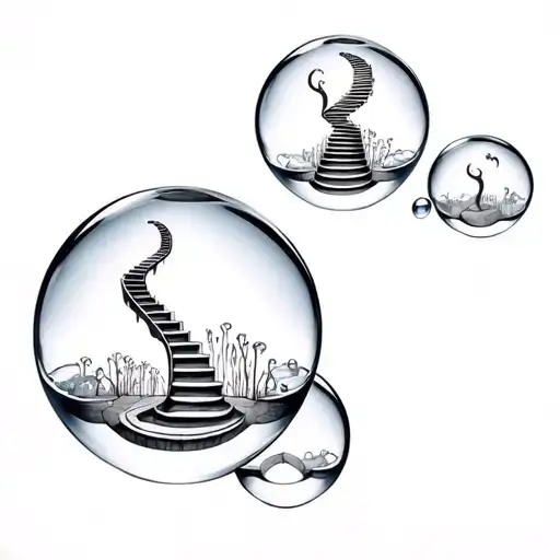 3 Labyrinth movie style crystal ball bubbles with the middle one containing an MC Escher style staircase.  tattoo design idea