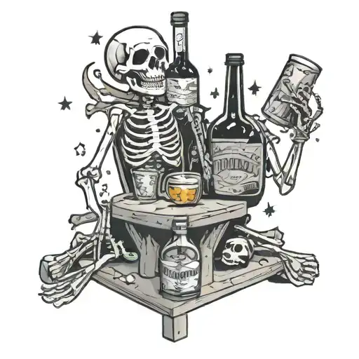 two cartoon skeletons sitting around a table with alcohol bottles, and stars around them in th background tattoo design idea