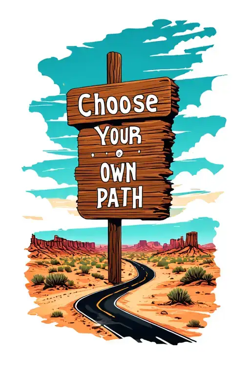 desert landscape with a road that splits with a sign in the middle that says choose your own path tattoo design idea