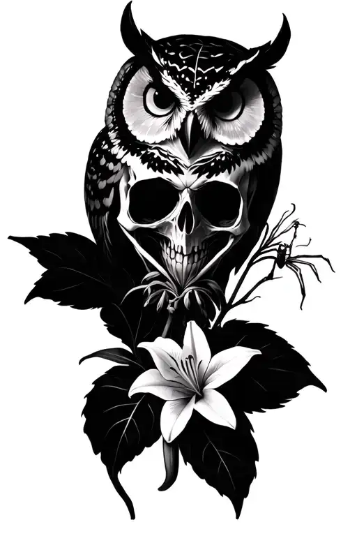 owl skull in a forest with Chinese spider Lilly flowers tattoo design idea