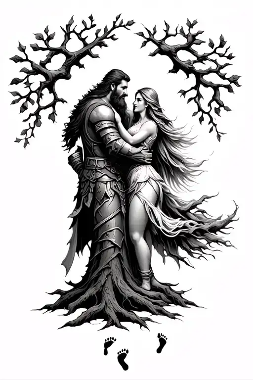 viking warrior and valkyrie wife embracing and viking warrior beard turns into tree of life with two footprints in the l tattoo design idea