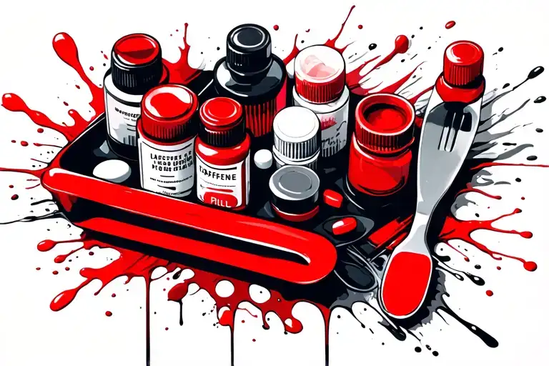 pharmacy pill bottles, pill capsules, caffeine, pharmacy counting spatula, pharmacy counting tray tattoo design idea