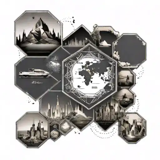 A geometric timeline hexagon tattoo with landmarks from around the world representing the client's love for travel tattoo design idea