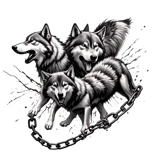 three wolves breaking chain realistic tattoo design idea
