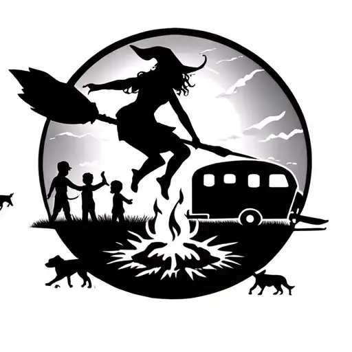 silhouette of sexy witch flying on broomstick over a campsite with a trailer and campfire with 3 boy children & 2 dogs  tattoo design idea