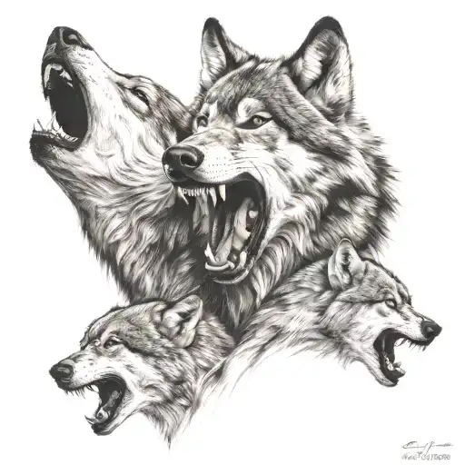 wolf showing teeth  protectin his two cubs tattoo design idea